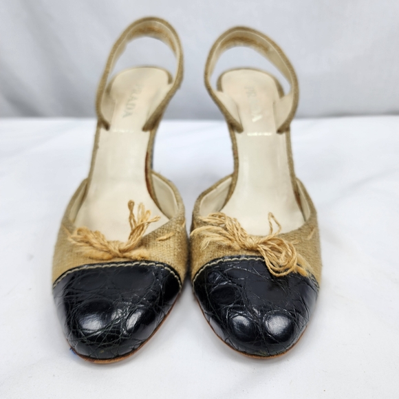 Prada Cream Tweed & Black Leather Round Toe Sling Back Heels Prada 38.5 US 8.5 - Picture 4 of 12